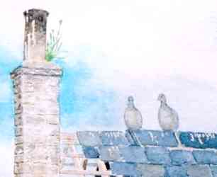 Pigeons on the roof - a detail from Beware of Trains